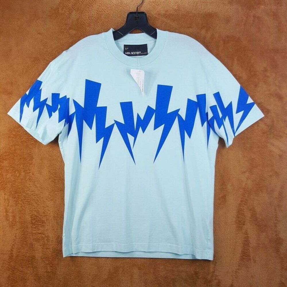 NEIL BARRETT Mens Shirt Small Blue Pullover Crew Jumbled Lighting Bolts Tee